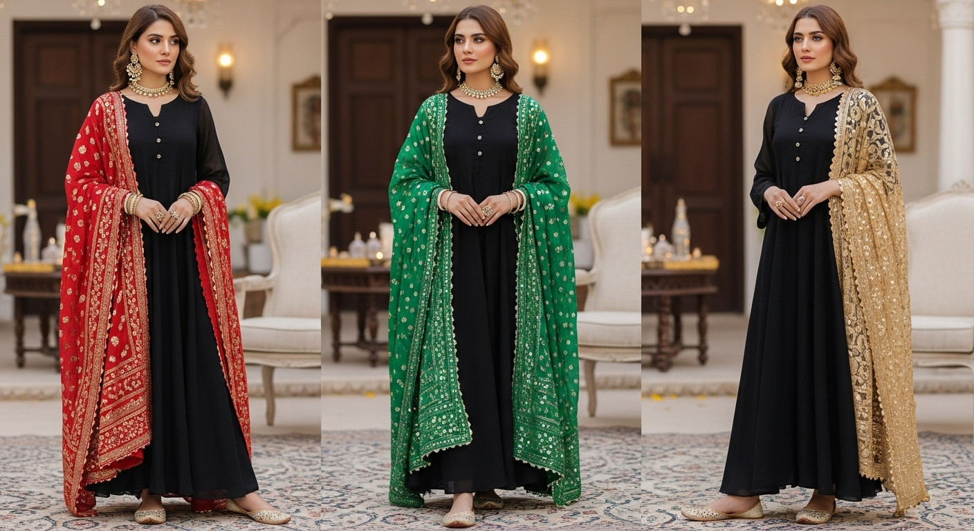 black maxi dress Pakistan, black maxi dress with colorful dupatta, Eid outfit Pakistan, festive fashion 2025, modest Eid dress, black maxi Eid style, Pakistani women fashion, traditional Eid outfit, black and gold maxi dress, elegant Eid look.