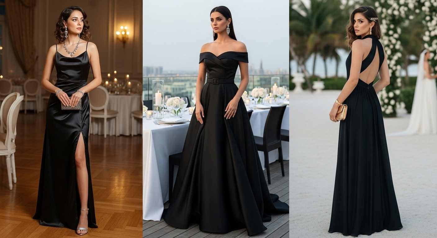 Western satin black maxi dress, elegant satin evening gown, long black dress for women, black formal maxi dress, destination wedding dress, satin gown for parties, engagement outfit, western wear for women, evening black dress, luxury fashion dress, stylish black maxi gown
