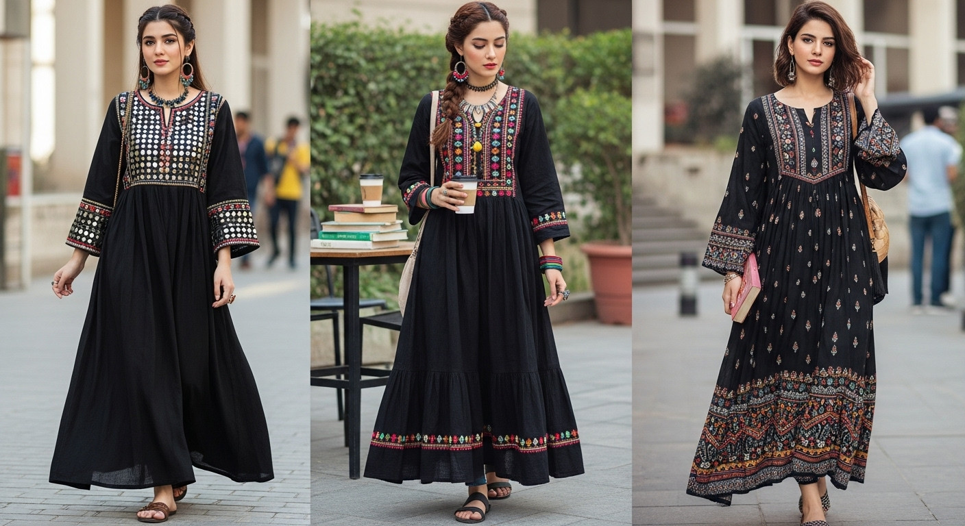bohemian black maxi dress Pakistan, college fashion Pakistan, boho maxi dress, mirror work maxi dress, multicolor embroidery dress, Pakistani casual style, youth fashion Pakistan, black maxi dress for students, trendy modest outfit.