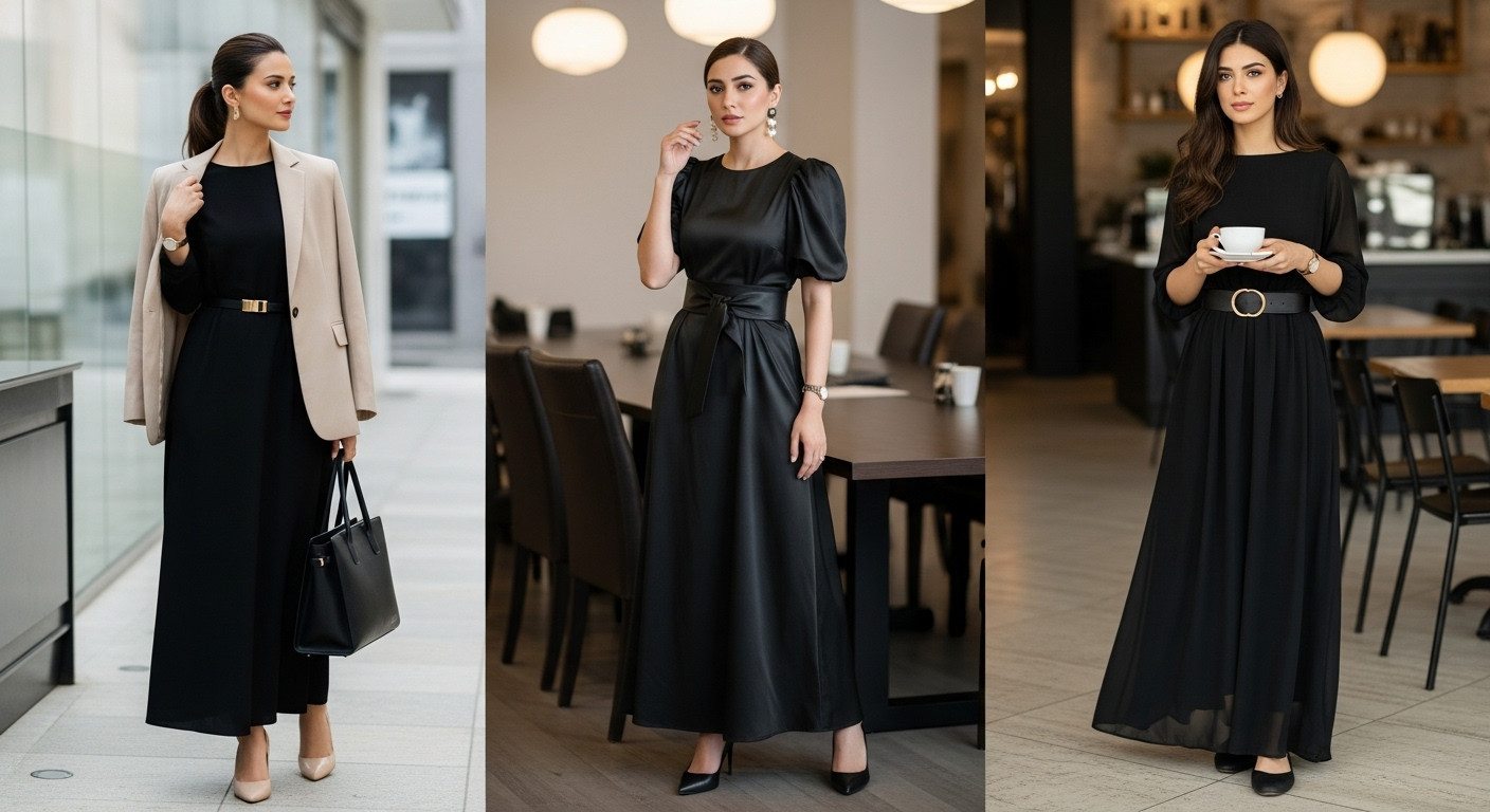 modern black maxi dress Pakistan, minimalist maxi dress, elegant black maxi for office, black maxi dress with belt, Pakistani business fashion, working women outfit, semi-formal Pakistani dress, modest corporate wear, professional women’s style, elegant black outfit 2025.