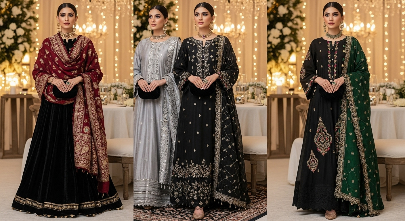 Pakistani winter wedding, three women, black maxi dresses, embroidered shawls, maroon shawl, silver shawl, emerald green shawl, gold embroidery, mirror work, thread detailing, velvet skirt, chiffon layers, zari embellishments, hand embroidery, smokey eye makeup, velvet clutch, traditional heels, warm lighting, golden glow, elegant décor, festive ambiance, luxurious fabrics, graceful style, cozy fashion, regal look, timeless beauty, winter elegance, traditional charm, wedding wear, bridal guest fashion
