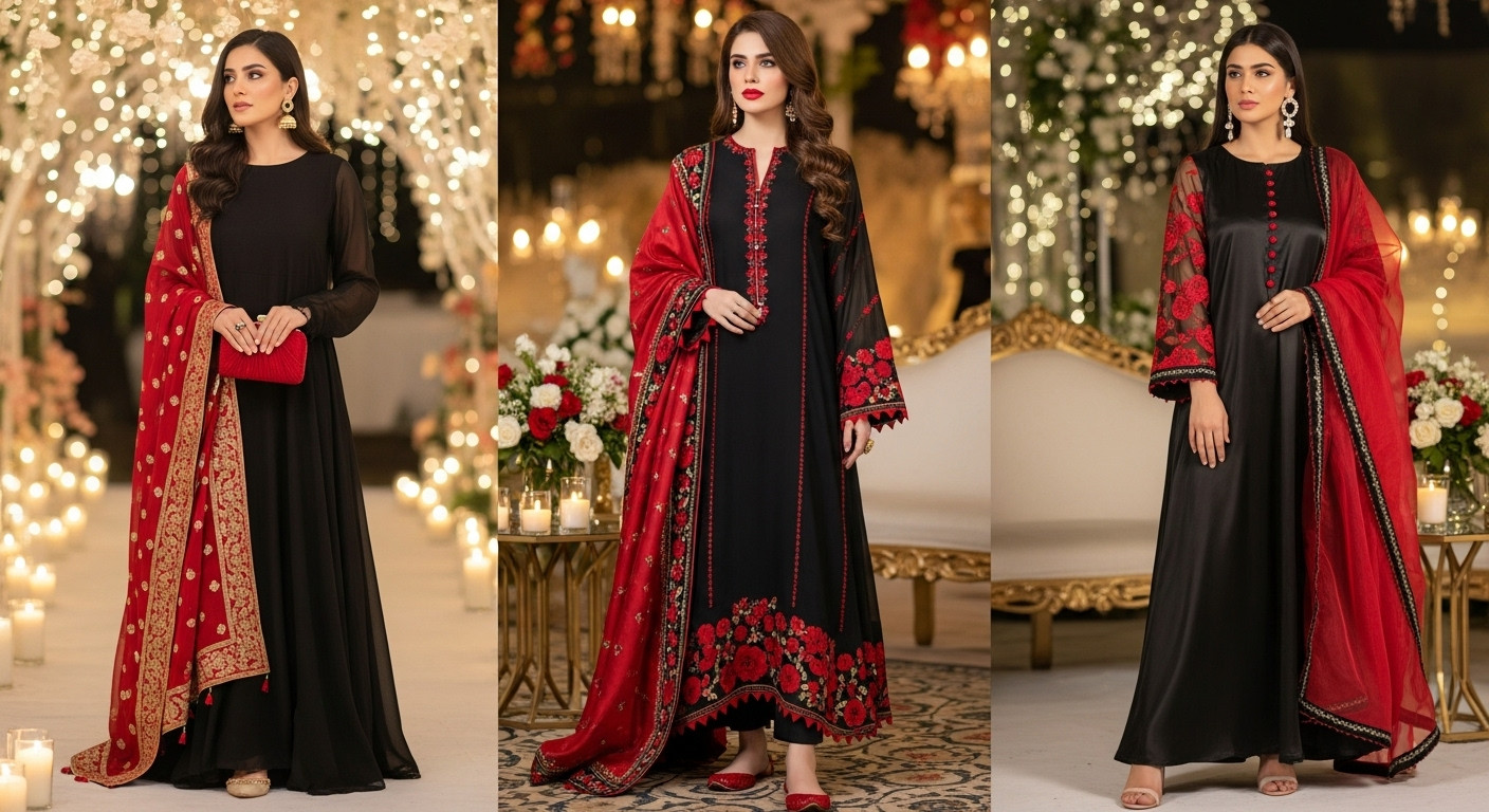 black and red maxi dress Pakistan, festive maxi dress, Eid outfit 2025, Pakistani evening wear, mehndi dress black and red, traditional Pakistani fashion, elegant maxi dress for party, desi festive outfit, black maxi with red dupatta, stylish Pakistani dress.